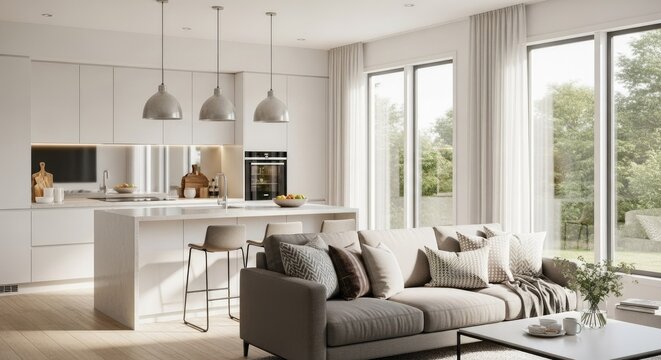 Modern open plan living space with kitchen and seating area bathed in sunlight