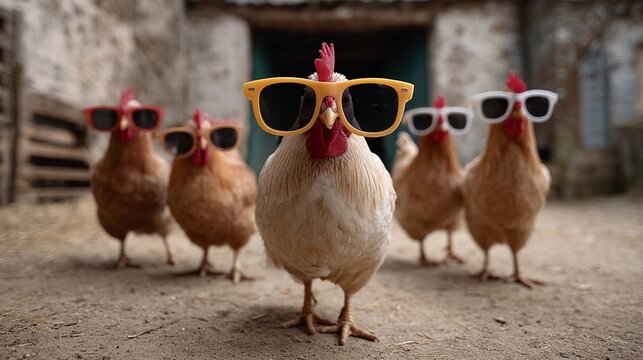 Chickens wearing sunglasses strutted through farmyard outdoor scene