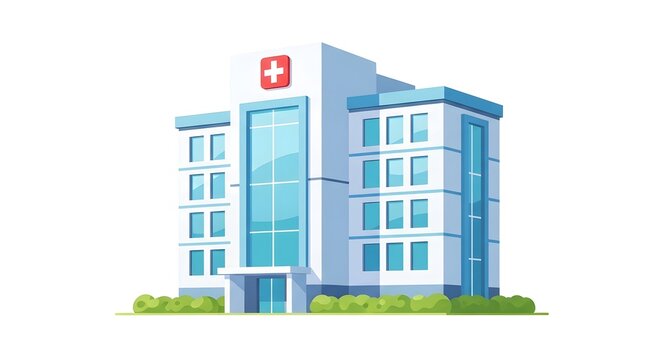 Cartoon hospital building illustration with red cross symbol on roof.