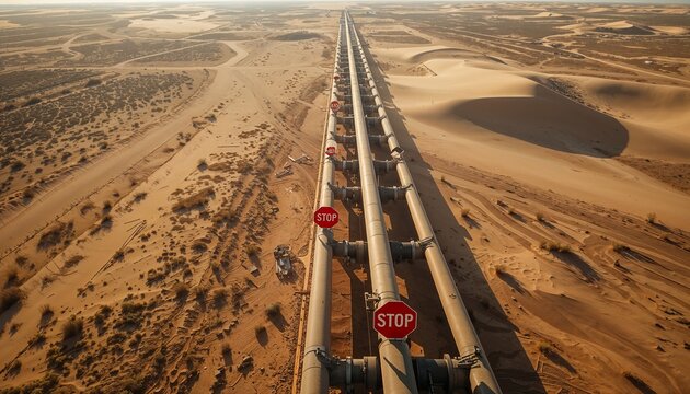 Dry Oil Pipeline in Desert with Red Stop Signs, Industrial Shutdown Concept