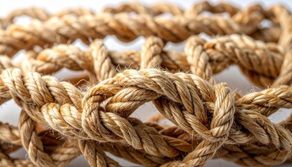 Fototapeta premium Intertwined ropes form intricate knots, symbolizing strength, unity, and entanglement, where each strand contributes to resilience, weaving together stories of connection, endurance, and problem-solvi