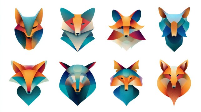 Collection of nine stylized low poly fox faces with geometric patterns and vivid gradient colors. Ideal for digital art, branding, social media graphics, app icons, and modern design projects.