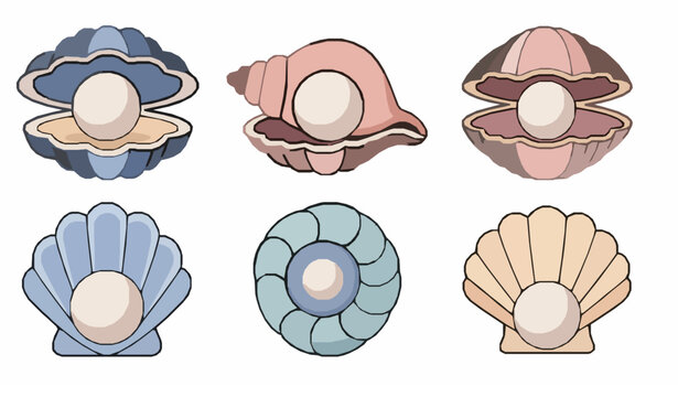 Cartoon pearl in seashell vector icon set marine jewelry shell illustration isolated on white