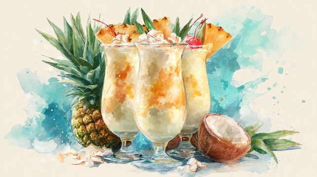 Tropical pineapple coconut cocktail with fresh fruit garnish on summer beach background