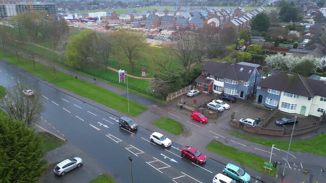 Time Lapse Footage. Urban Drone Flight Above Streets of British City and Town of England Great Britain. Drone Mounted Wide Angle Camera Footage Was Captured During Cold Day of 26th March, 2026.