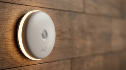 Smart home motion sensor or security camera installed on wooden wall.