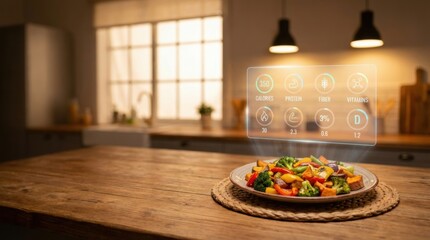 Smart nutrition technology with holographic display showing calories and nutrients of healthy meal.