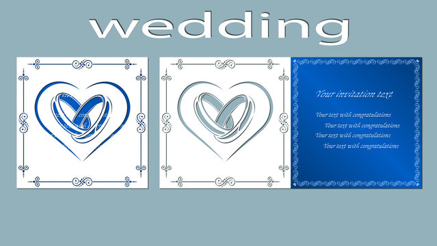 Inscription - wedding. Rings, vector, illustration, laser cut. Ring, Card. heart.