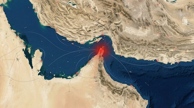 Map of strait of hormuz and arabian gulf with shipping routes and red hotspot