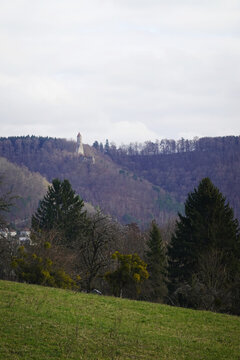 The view of Helfenstein castle and Oden tower in Geislingen an der Steige, Germany