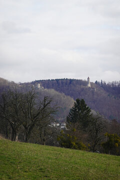 The view of Helfenstein castle and Oden tower in Geislingen an der Steige, Germany