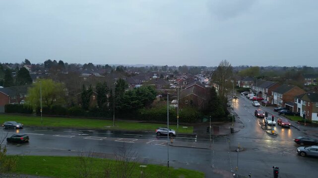 Time Lapse Footage. Urban Drone Flight Above Streets of British City and Town of England Great Britain. Drone Mounted Wide Angle Camera Footage Was Captured During Cold Day of 26th March, 2026.