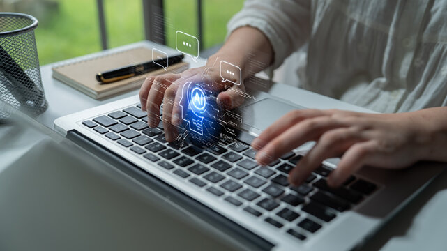 Artificial intelligence AI virtual assistant chatbot automates search and report with conversational chat support data for teams. LLM AI deep learning use generative AI for work support. NLP. Corpus