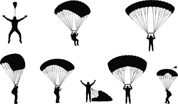 Black silhouette parachutists in various stages of parachute jump including freefall, descent, landing illustration design concept