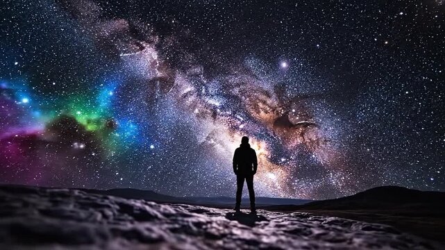 Silhouette of a person standing on a rocky ridge under a vibrant starry night sky. Colorful nebula and Milky Way galaxy over a mountain landscape. Astronomy and space exploration concept