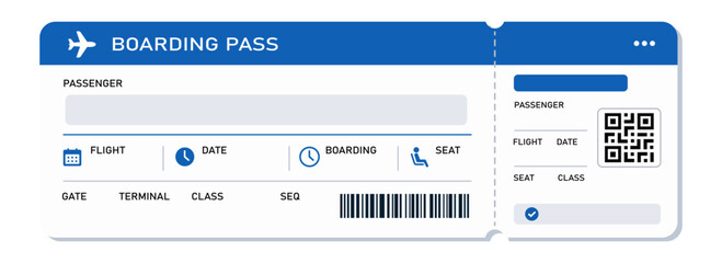 Boarding pass vector illustration. Air plane tickets template. Airline flight pass concept. Blue departure document. Blue airplane tickets design. Blank boarding pass template isolated. © Vasyl Yurlov