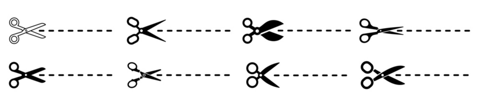 Set of scissors cutting along dotted line. Collection of black silhouette and outline scissors icons in different styles and positions. Cut here symbols for coupons, tickets, paper cutting guides. Min