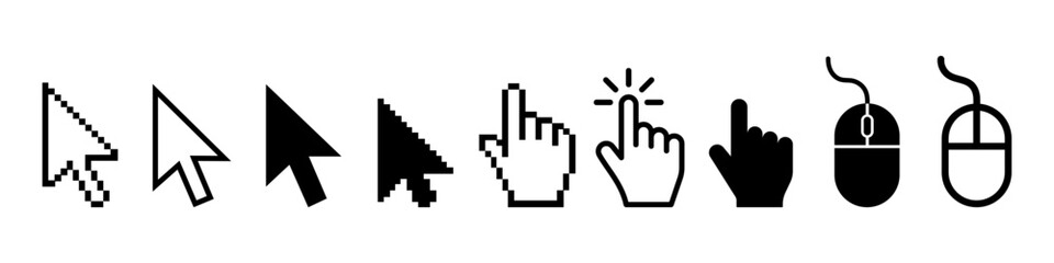Obraz premium Mouse click cursor icon set, Cursor, click icons set. Click set vector. arrow and mouse forms, vector illustration.