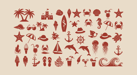 Set of vintage summer beach holiday icons including palm trees, ice cream, shells, and sea life. © vectorial