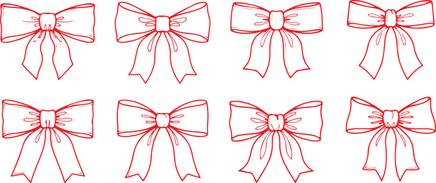 Red bow icons, gift decoration elements, vector ribbons isolated on Transparent Background