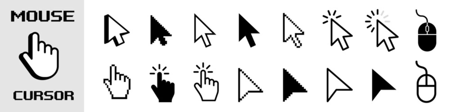 Mouse click cursor icon set, Cursor, click icons set. Click set vector. arrow and mouse forms, vector illustration.