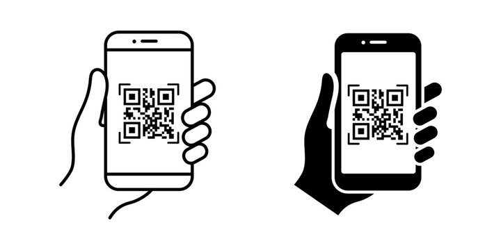 QR code icon. QR code scanning icon vector. Mobile phone scanning QR code vector. Hand holding a phone with a scanner symbol. Vector illustration.