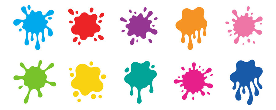 Color paint splatter. Bright colorful splashes and drips, abstract blot splatter. Ink stains for kids, comics, pop art posters and stickers, graffiti. Rainbow inkblot vector isolated set.