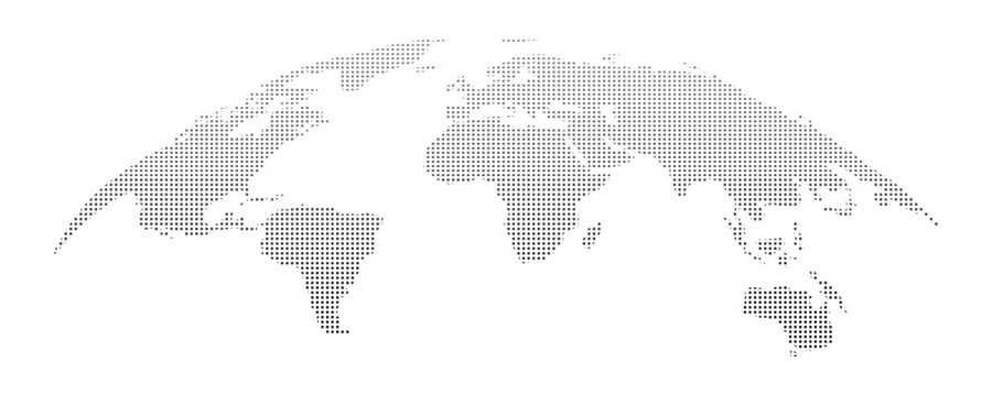 Curved World map earth globe with dot pattern. Halftone pixel texture, isolated world map. Vector international business, travel abstract political concept
