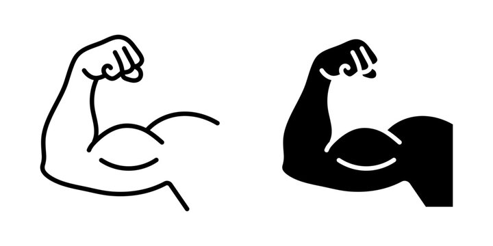 Muscle icon. Bicep symbol. Strong arm vector illustration. Gym logo. Bodybuilding fitness concept. Athlete flexing hand sign. Muscular power pictogram isolated on a white and black background