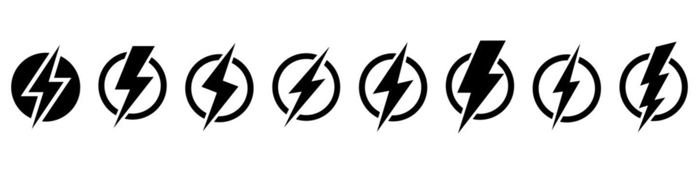 Lightning bolt emblem in circle. Energy symbol, power icon, electricity sign. Electric charge pictogram, thunder warning design. Thunderbolt simple logo, light flash, fast battery charger vector set