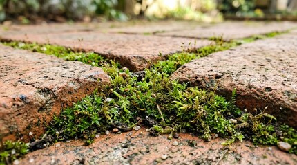 Fototapeta premium Moss growing between bricks in a garden pathway during daylight 