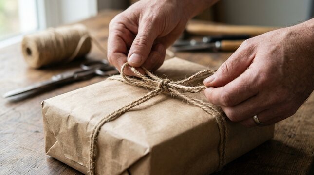 Hands tying string around wrapped parcel on wooden table  