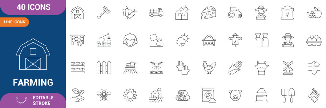 Farming icon set. Containing Farm, Farmer, Agricultural, Cow, Pig, Lamb, Chicken, Bee, Windmill, Wheat, Corn, Harvesting and etc. Editable stroke. Vector illustration
