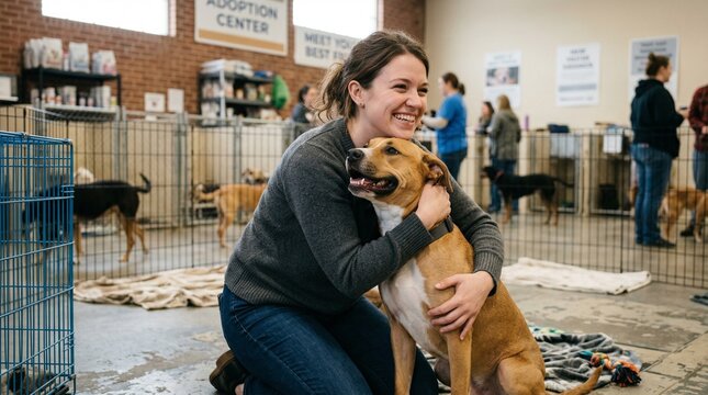 Woman hugging dog in animal shelter during adoption event  