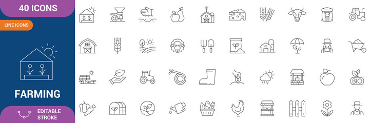 Farming icon set. Containing Farm, Farmer, Agricultural, Cow, Pig, Lamb, Chicken, Bee, Windmill, Wheat, Corn, Harvesting and etc. Editable stroke. Vector illustration © Ariful
