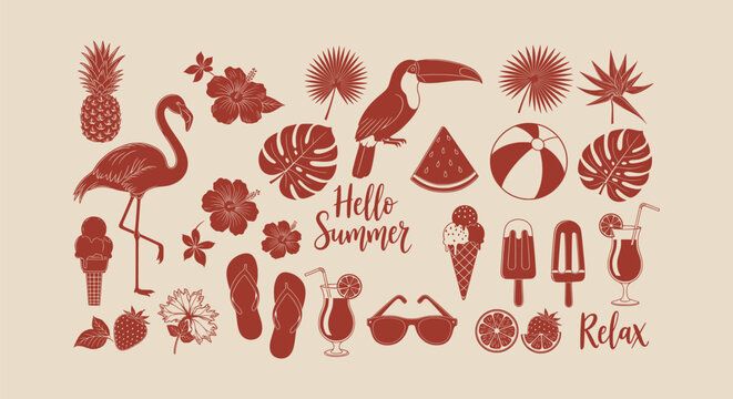 Vintage Summer Tropical Icon Set with Flamingo Toucan Pineapple Flowers and Ice Cream Elements