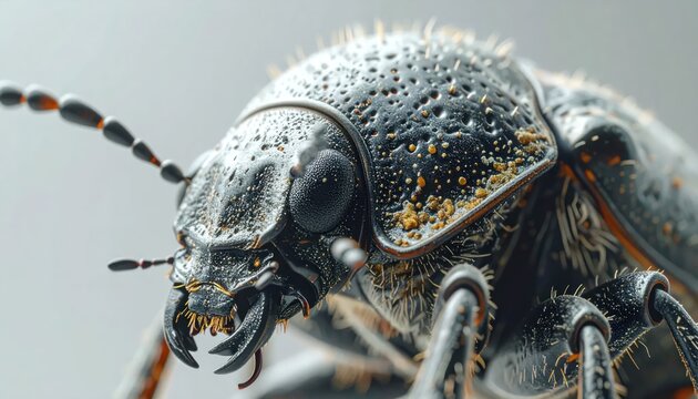Extreme Macro Close-up of a Detailed Beetle Insect Head and Thorax.