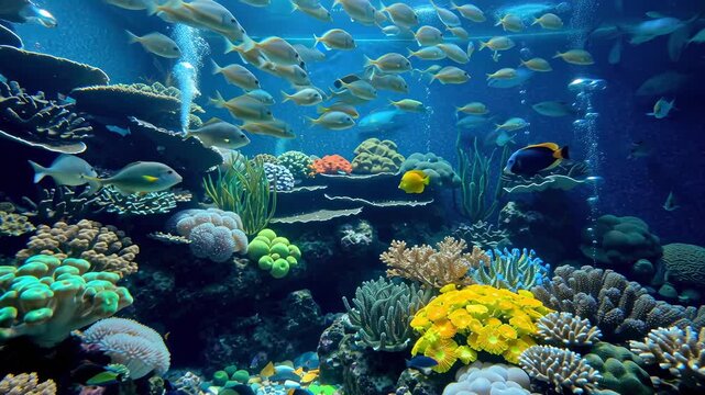 Colorful Coral Reef Underwater With Tropical Fish Swimming