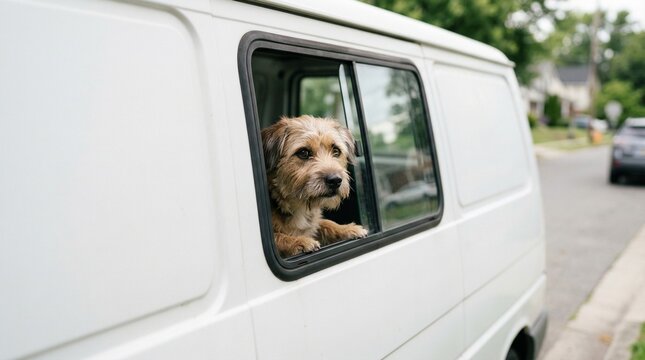 Dog looking out of window in parked van on urban street