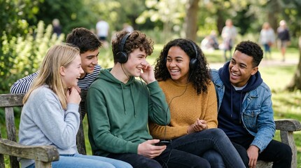 Fototapeta premium Group of teenagers listening to music together on a park bench 