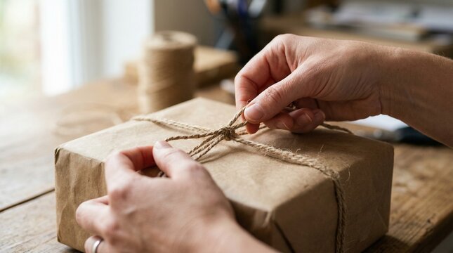 Hands wrapping parcel with twine on wooden table indoors  
