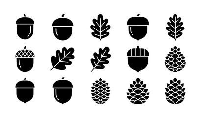 Black acorn icon collection vector oak nut and leaf silhouette set isolated on white background © MstRAJIA