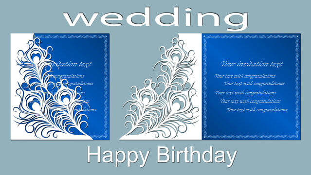Text - Wedding, happy birthday. Wedding invitation. Greeting card with feathers. Envelope mock up for laser cutting. blue.