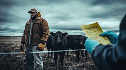 Fototapeta premium A Black male farmer stands by his cows at a rural checkpoint under an overcast sky. An inspector with gloves holds a biohazard notice, emphasizing agricultural safety.
