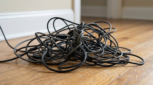 Tangled cables on wooden floor in indoor environment  