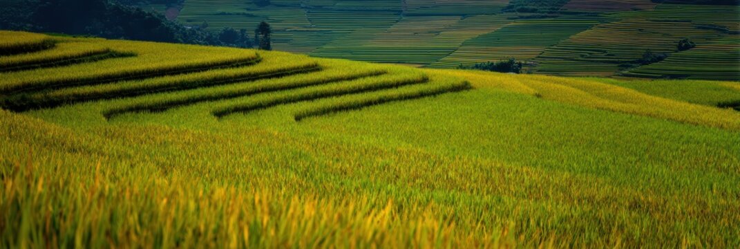 日中に段々畑で米を収穫する