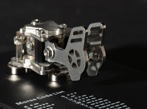Closeup view of an Iambic paddle key used to send Morse Code