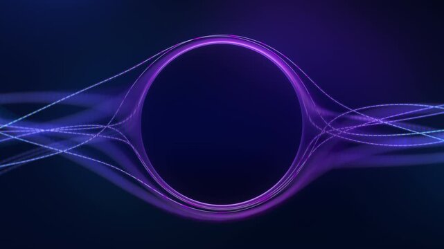 Purple neon sphere with flowing light lines and glowing circular core on dark background. Abstract energy motion with copy space and seamless loop.