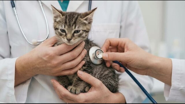 Kitten being examined by veterinarian with stethoscope, closeup, animal health check, clinic visit, pet care, medical, professional.