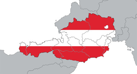 Obraz premium Detailed map of Austria highlighting its internal regions with the national flag colors overlaid on the territory.